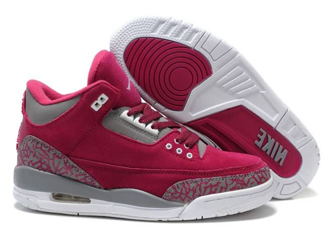 Nike Womens Air Jordans 3 (III) Fluff Burgundy Grey White Sports Shoes